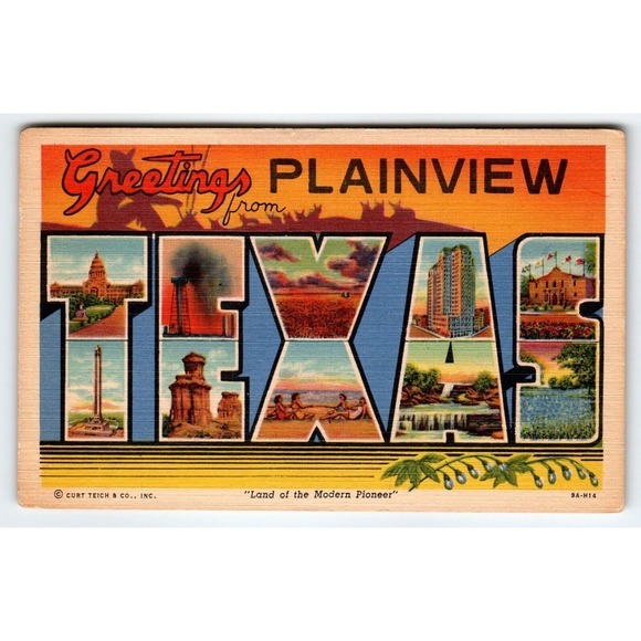 Greetings From Plainview Texas Large Big Letter Postcard Linen Curt Teich 1959 - Picture 1 of 2